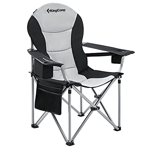 KingCamp Oversized Camping Folding Chair with Lumbar Support, Heavy Duty Ergonomic Padded Arm Chair with Cooler Bag, Cup Holder, Portable for Outdoor - color: Black/Mediumgrey