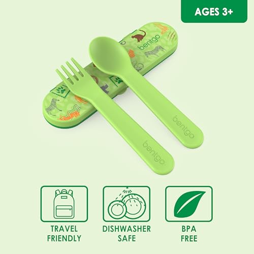 Bentgo Kids Utensil Set - Reusable Plastic Fork, Spoon & Storage Case - BPA-Free Materials, Easy-Grip Handles, Dishwasher Safe - Ideal for School Lunch, Travel, & Outdoors (Safari) - color: Safari
