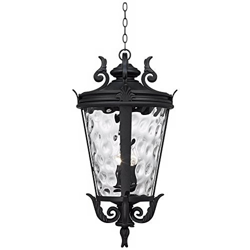 John Timberland Casa Marseille European Outdoor Hanging Ceiling Light Textured Black Scroll 30" Clear Hammered Glass Damp Rated for Exterior House Porch Patio Outside Deck Garage Front Door Home - color: Black, size: 30" High