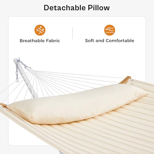 SUPERJARE Hammock with Stand, 2 Person Heavy Duty Hammock with Padded Cotton, Detachable Pillow & Strong Curved-Bar & Portable Carrying Bag, Perfect for Outdoor & Indoor, Beige - color: Beige