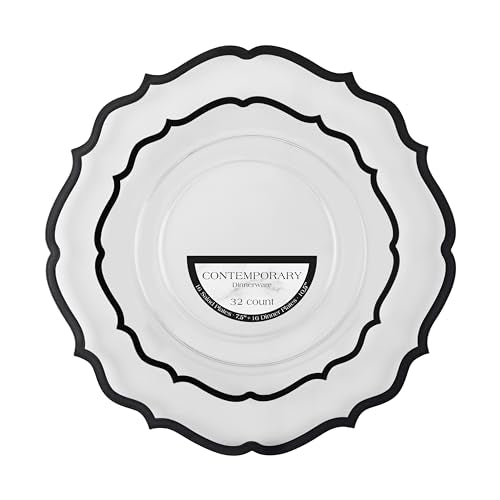 PLASTICPRO 32 Pack Elegant Disposable Plastic Plates Combo Set Includes 16 Dinner Plates and 16 Salad Plates Heavy Duty Fancy Party Plates Clear & Black Contemporary Design - color: Clear & Black Contemporary