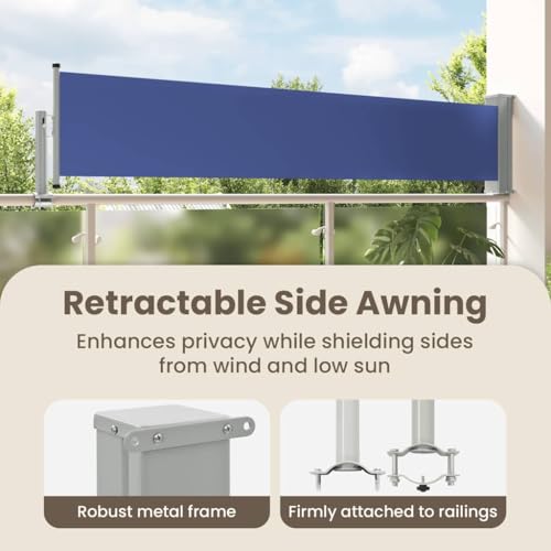 vidaXL Retractable Side Awning, Folding Privacy Screen, Outdoor Divider Wall, Patio Awning for Deck Porch Garden Terrace, 23.6"x118.1" Blue - color: Blue, size: 23.6" x 118.1"