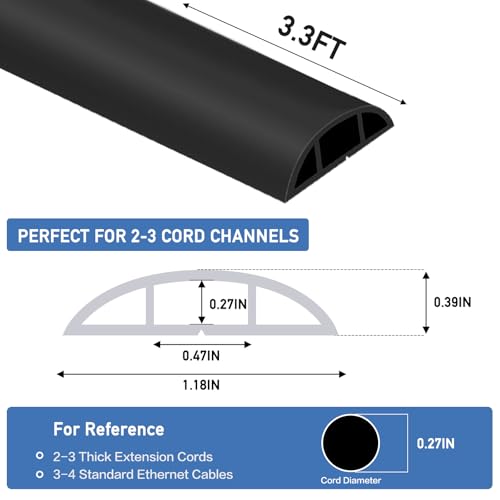 Floor Cord Cover Self Adhesive Cord Hider Floor Extension Cord Covers for Floor Power Cord Protector Cable Management Prevent Cable Trips Cable Cavity 0.47" W x 0.27" H (Black, 3.3Ft) - color: Black, size: 1.18" x 3.3'