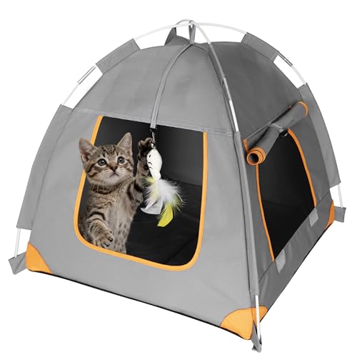 Portable Cat Tent for Indoor & Outdoor Use – UV Protection, Waterproof Pet Tent with Soft Cushion, Feather Toys, Easy Setup, Collapsible Cat House for Cats S