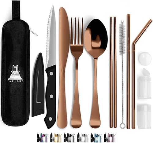 Taplord Portable Travel Silverware Set With Case, Includes 10 Pcs of Travel Utensils With Case, Stainless Steel Flatware Set For Camping, Lightweight (Rose Gold) - color: Rose Gold, size: 10 Pieces