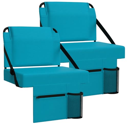 2pcs Stadium Seat for Bleachers with Back Support，Portable Bleacher Chairs with Back and Cushion，Includes Shoulder Strap and Cup Holder - color: Cyan,2 Pack