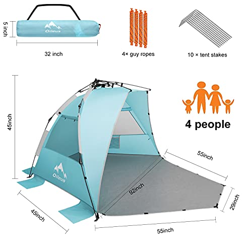 Oileus X-Large 4 Person Beach Tent Sun Shelter - Portable Sun Shade Instant Tent for Beach with Carrying Bag, Stakes, 6 Sand Pockets, Anti UV for Fishing Hiking Camping, Waterproof Windproof, Sky Blue - color: Sky Blue