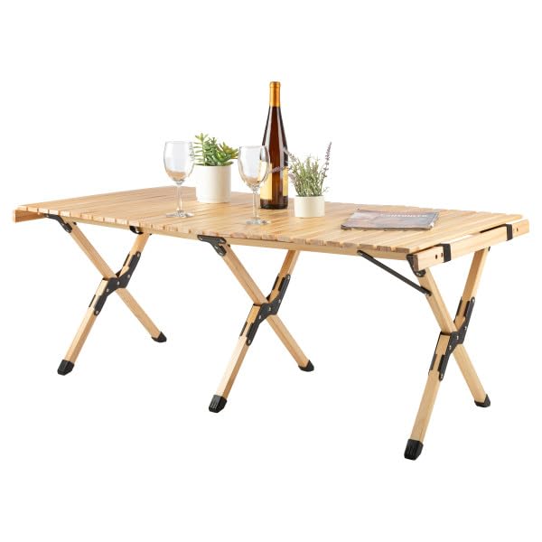 Foldable Camping Table - 4ft Roll-Up Portable Picnic Table with Carry Bag - Indoor/Outdoor Low Height Travel, Party, or Beach Table by Wakeman Outdoors (Natural Wood) - size: Large