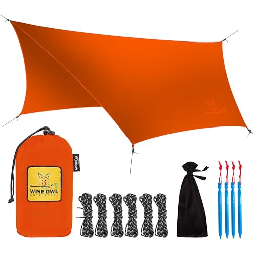 Wise Owl Outfitters Hammock Rain Fly – Waterproof Camping Tarp Cover with Tent Stakes & Carry Bag, Ultralight Shelter for Backpacking & Outdoor Shade - color: Orange, size: Standard (26 oz)