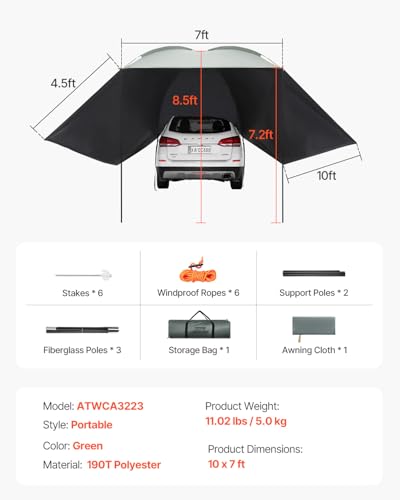 VEVOR Versatility Camping Tent, Auto Canopy Sun Shade UV50+ PU3000mm, Car Tailgate Sun Shelter for Truck Bed, SUV, RV, Van, Trailer and Overlanding, Portable Teardrop Awning Canopy Tear Resistant Tarp - color: ArmyGreen 10X7ft Car Awning