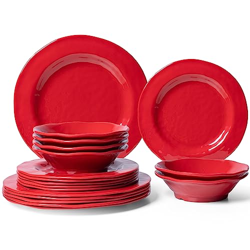 LEHAHA Red Melamine Dinnerware Sets, 18-Piece Melamine Dishes Set, Lightweight and Chip Resistant, Durable Plates and Bowls Set, Safe for Daily Use, Dishwasher Safe, Service for 6 - color: Red