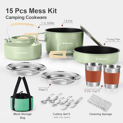 Odoland 15pcs Camping Cookware Mess Kit, Non-Stick Lightweight Pot Pan Kettle Set with Stainless Steel Cups Plates Forks Knives Spoons for Camping, Backpacking, Outdoor Cooking and Picnic - style: Green