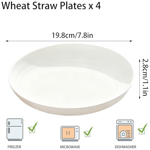 4 Pcs Unbreakable Wheat Straw Plates Set, 7.8 Inch Reusable Plastic Dinner Plates, Microwave Dishwasher Safe, Lightweight Plates for Kitchen Camping, BPA Free (White) - color: White