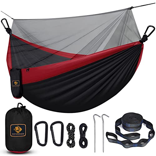 Camping Hammock with Net,Portable Lightweight Double Hammocks with Tree Straps and Solid D-Shape Carabiners,Parachute Nylon Hammock for Backpacking Beach Backyard Patio Hiking Black&Red - color: Black & Red, size: X-Large