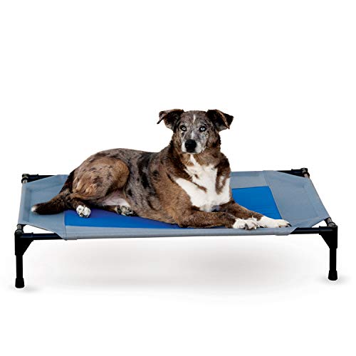 K&H Pet Products Coolin' Pet Cot, Outdoor Cooling Elevated Dog Cot for Large Dogs, Raised Bed with Cool-Core Center, Portable Pet Platform with Heavy-Duty Metal Frame - Large Gray/Blue - size: Large, style: Cooling Cot