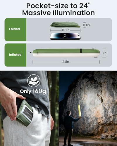 24" Inflatable Solar Camping Lantern,Magnetic LED Tube Light with USB-C 2000mAh Phone Charger,IP66 Waterproof TPU Tent Light for Hurricane Emergency,Backpacking & Off-Grid Survival (Green) - color: Green, size: 24in