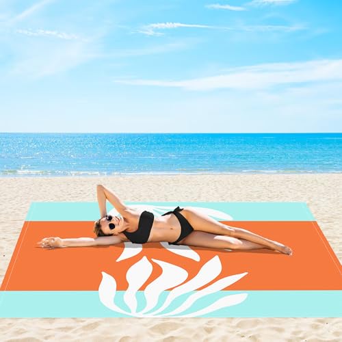 Beach Blanket Waterproof Sandproof, 78”x 86” Outdoor Beach Mat for 1-4 Adults, Quick Drying Foldable Sandfree Picnic Blanket with Stakes & Pockets for Travel, Camping, Hiking, Festival - color: Coral Blue, size: 6.5x7.2 FT (1～4 person)