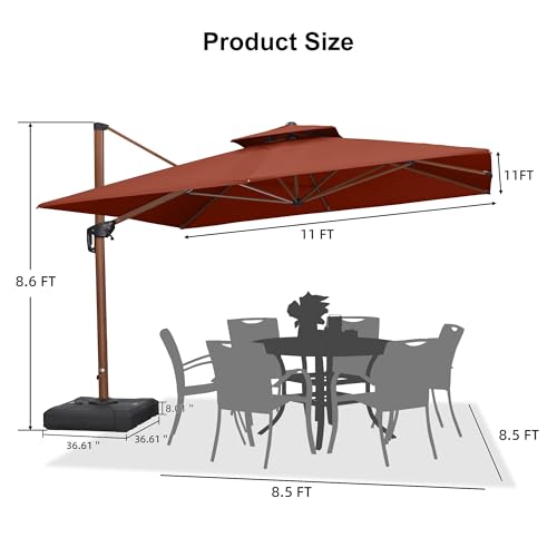 PURPLE LEAF 11ft Patio Umbrella with Base Outdoor Square Umbrellas Large Cantilever Umbrella Windproof Offset Umbrella Heavy Duty Sun Umbrellas for Garden Deck Pool Patio, Brick Red - color: Brick Red, size: 11'X11', style: Base Included