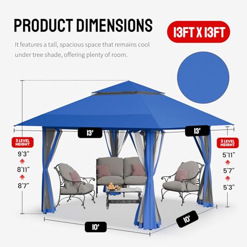 CROWN SHADES 13x13 Pop Up Gazebo, Canopy Tent, Gazebos on Clearance - Outdoor Gazebo for Backyard & Patio Furniture - Carpa Pop Up Tent with Wheeled STO-N-Go Cover Bag (Blue) - color: Blue, size: 13x13