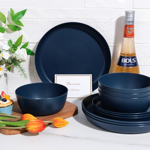 EI 12pcs Dark Blue Wheat Straw Dinnerware Set,Wheat Straw Plates,Plastic Plates Reusable,Plate and Bowls Sets,Unbreakable Plastic Plate for Dinner, Camping,Picnic - color: Dark Blue Wheat Straw Plates and Bowls