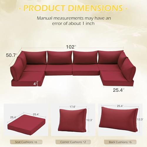 HOMREST Outdoor Replacement Cushions for Patio Furniture,Water-Repellent Sofa Cushion for 6-Seat Rattan Wicker Sectional Patio Conversation Sets,14-Piece Cushions Set for Outdoor Couch（Burgundy Red） - color: Burgundy, size: 6 Seat