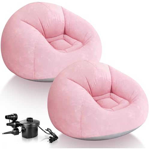 2 Pcs Inflatable Bean Bag Chairs with Electric Air Pump Inflatable Chairs Blow up Couch Folding Portable Inflatable Lazy Sofa for Movie Night Living Room Outdoor Camping (2, Pink) - color: Pink