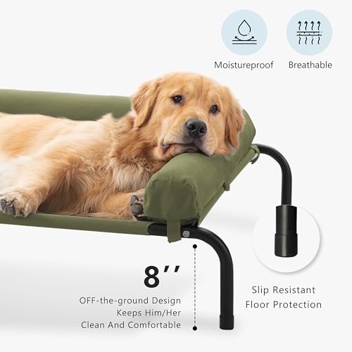 Cooling Elevated Dog Bed for Large Dogs, Outdoor Raised Dog Beds Portable Dogs Cot Bed W/Breathable Mesh, Pet Cots W/Removable Waterproof Bolster - color: Green, size: 43.0"L x 31.0"W x 8.0"Th