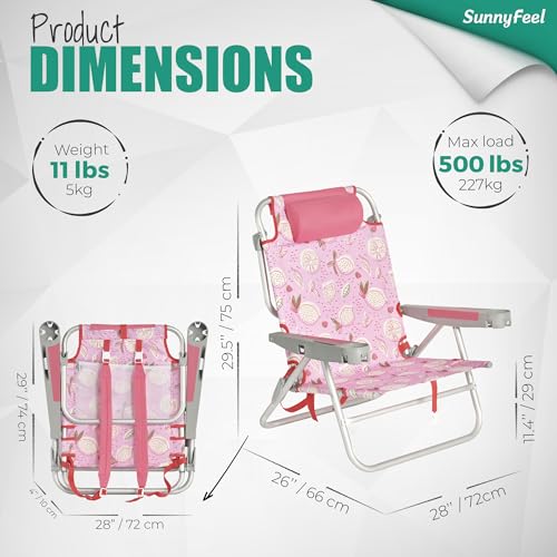 SUNNYFEEL Extra Wide Low Beach Chair 2 Pack 5 Position Lay, XL Oversized Portable Folding Camping Chairs with Cup Holder for Outdoor/Sand, Foldable Backpack Beach Chair for Adults Heavy Duty 500 LBS - color: Pink Lemon, size: 2-PACK