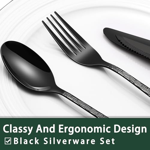 EWFEN 24-Piece Black Silverware Set with Steak Knives, Black Flatware Set for 4, Food-Grade Stainless Steel Tableware Cutlery Set, Mirror Finished Utensil Sets for Home Restaurant, Tree Pattern - style: Tree Pattern
