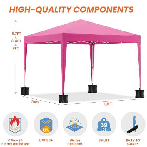 10x10 Pop Up Canopy Outdoor Party Tent with 4 Sidewalls, Outdoor Wedding Party Tent Waterproof UV50 Commercial Canopy Event Shelter Gazebo Tents for Parties, 4 pcs Weight Bag,Carry Bag - color: Pink, size: Upgraded 10x10FT 4sides