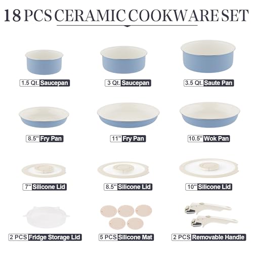 Pots and Pans Set - Ceramic Cookware Set Detachable Handle Pots and Pans With Removable Handles Kitchen Pans for Cooking Pot Set Nonstick Non Toxic Camping Cookware for RV Travel Gift - color: Blue