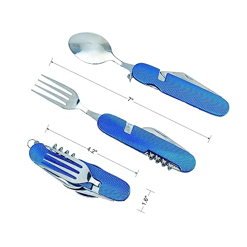 6-in-1 Multi-Function Camping Utensil Flatware Set Detachable Spoon Fork Knife Combo Mess Kit with Carrying Pouch (Blue + Red) - color: Blue + Red