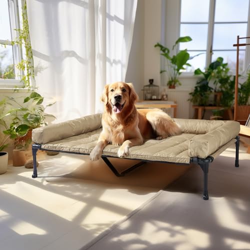 Veehoo Cooling Elevated Dog Bed Add Removable Waterproof Bolster Cushion Mat, Raised Pet Cot with Breathable Teslin Mesh, No-Slip Feet, Dog Couch Bed for Indoor Outdoor, 49x33inches, Beige, CWC2331B - color: Beige Coffee, size: 49.0"L x 33.0"W x 9.0"Th