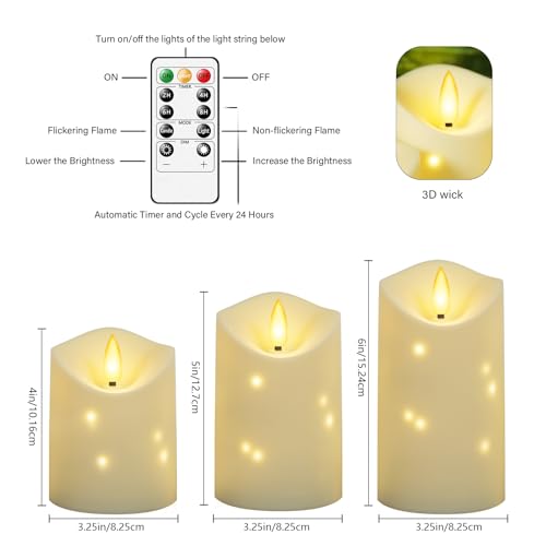 kakoya Outdoor Waterproof Flickering Flameless Candles with Embedded Star String,3Pcs LED Pillar Candles Battery Operated with Remote and Timers for Courtyard,Porch,Camping,Holiday Decoration(Ivory) - color: Ivory, size: D3.25“xH4"5"6"