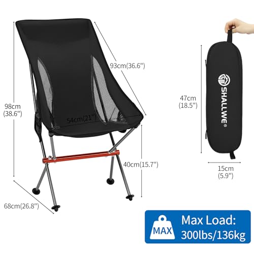 SHALLWE Camping Chairs, All Aluminum Frame Portable Folding Camp Chair for Adults, Heavy Duty High Back Collapsible with Built-in Pillow, Side Pocket, Carry Bag for Backpacking, Hiking, Beach - color: Black
