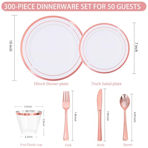 WELLIFE 300 PCS Rose Gold Dinnerware Set for 50 Guests, Valentine's Day Plate, 50 Dinner & Salad Plates,Cups, Forks Knives Spoons for Wedding Reception and Mothers Day Plates - color: Rose Gold, size: 50 Guests
