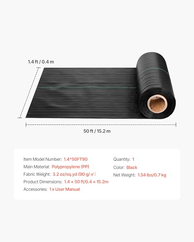 VEVOR Weed Barrier Fabric Heavy Duty, 1.4x50FT 3.2oz Landscape Fabric, Woven Weed Blocker Fabrics, Garden Fabrics Weeds Barrier, Weeds Control Ground Cover, Geotextile Webbing, Gardening Mat, Black - size: 1.4FT*50FT-3.2oz