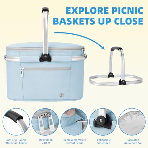 ALLCAMP Picnic Basket - Insulated Cooler, Thickening Foldable Picnic Basket with Removable Baskets & Sewn-in Frame, Basket for House Warming Gifts New Home(Light Blue) - color: Light Blue, size: Medium