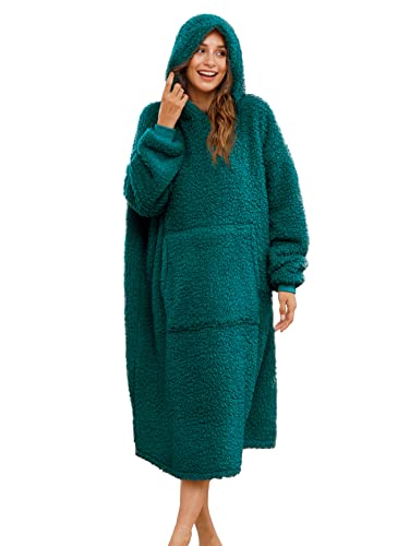 Oversized Sherpa Wearable Blanket Hoodie for Women Men,Long Comfortable Sherpa Blanket Sweatshirt Shaggy Pullover Plush Warm Cozy Blanket One Size Fits All Malachite - color: Malachite