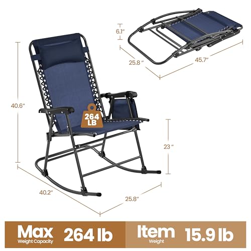 Yaheetech 26in Rocking Chair Outdoor Zero Gravity Folding Chairs Rocking Chairs Foldable Outdoor Lounge Chair for Outside Lawn with Cupholder/Pillow Ergonomic Design for Rest, Navy Blue, Set of 1 - color: Navy Blue, size: 1 Pcs