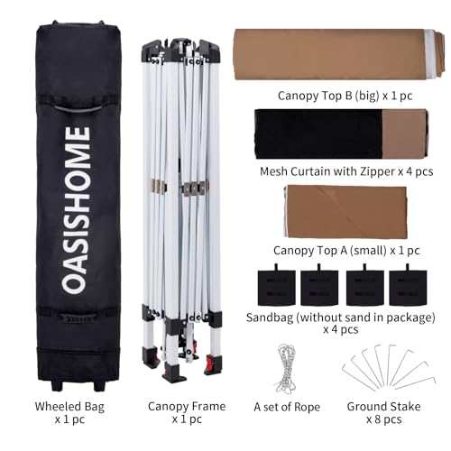 OASISHOME Pop-up Gazebo Portable Instant Canopy Tent 12x12, One-Push Locking System, with 4 Mesh Sidewall, Wheeled Bag, for Patio/Backyard/Outdoor/Parties/Events (Khaki,12FTx12FT) - color: Khaki(1 setup), size: 12X12 Top (10X10 Base)