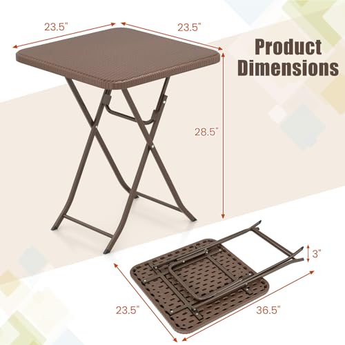 Tangkula 23.5" Square Folding Table, Indoor Outdoor Foldable Plastic Table with Rattan Textured HDPE Tabletop, Sturdy Metal Fame, Carrying Handle, 4 Person Picnic Table for Camping BBQ Party - color: Coffee, size: 23.5 in, style: Classic
