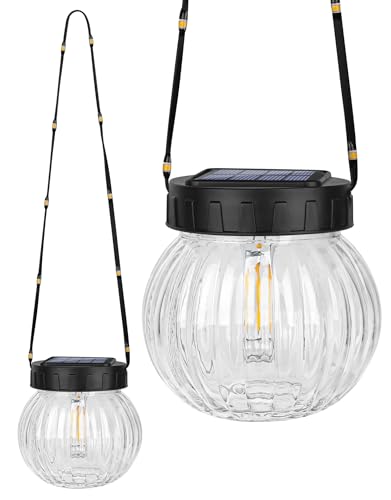 PARTPHONER Solar Lights Outdoor Waterproof 12-Pack, Solar Powered Hanging Lantern Ribbed Glass Hanging Globes for Yard Decor Christmas Decoration, Shepherd Hook, Garden Tree Ornaments, Clear - color: Clear