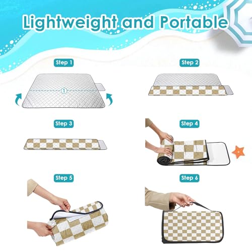 Waterproof Picnic Outdoor Blanket, 79" x 59" Sandproof Foldable Large Picnic Blanket for Beach, Camping, Park, Travel, Concert, Great Gift for Families and Couples (Beige Checkered) - color: Beige Checked