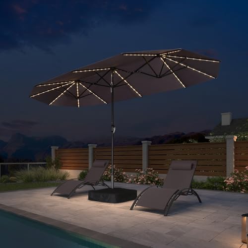PURPLE LEAF 13ft Patio Market Umbrella with Solar LED and Base Double-Sided Rectangle Outdoor Table Sun Umbrellas with Crank for Pool Beach Deck Backyard Gray - color: Gray, size: 13' X 7' with Lights