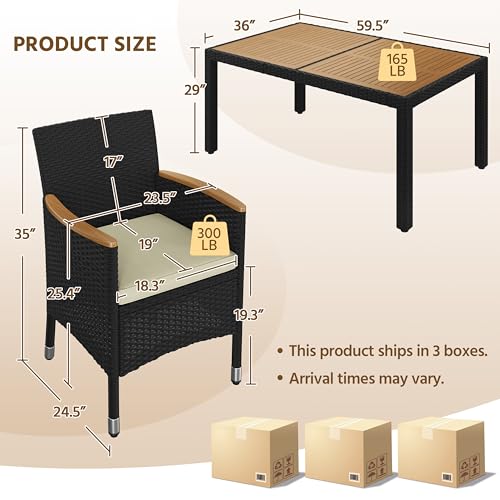 Yaheetech 7 Piece Patio Furniture Set, Outdoor Dining Acacia Wood Table Top Rattan Conversation with Soft Cushions, 6 Chairs & 1 Table for Backyard, Deck, Garden & Yard, Black/Beige