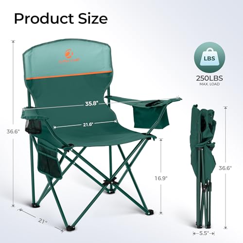 ALPHA CAMP Camping Chairs 350LBS Capacity, Heavy Duty Folding Chair with 4-Can Cooler Bag, Portable Outdoor Chair with Cup Holder for Adults, Collapsible for Tailgating, Beach, Fishing - color: Green, style: camping chairs