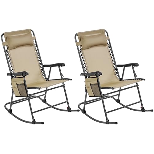 Yaheetech 26in Rocking Chair Outdoor Zero Gravity Folding Chairs Rocking Chairs Foldable Outdoor Lounge Chair for Outside Lawn with Cupholder/Pillow Ergonomic Design for Rest, Set of 2 - color: Beige, size: 2 Pcs