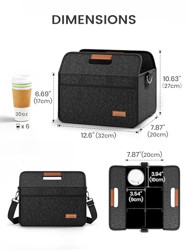 Fluxynara 6-Cup Reusable Felt Drink Carrier with Handle and Adjustable Shoulder Strap, Drink Holder for Car, Multi-Cup Drink Carrier Bag for Delivery, Travel, Picnics (Charcoal Gray) - color: Charcoal Gray, size: 6 Cups