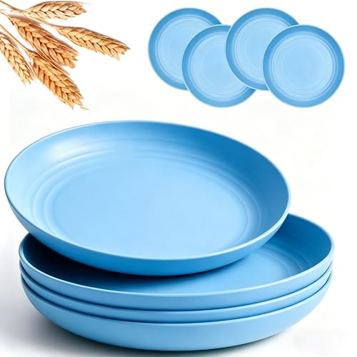 Wheat Straw Plates 4 Pack, BPA-Free Dinner Plates Set, Lightweight Reusable Plastic Plates, Microwave & Dishwasher Safe Salad Plates for Camping Kitchen, Blue - color: Light Blue
